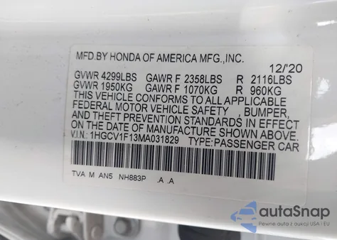 2021 Honda Accord Lx from USA, damaged, VIN 1HGCV1F13MA031829